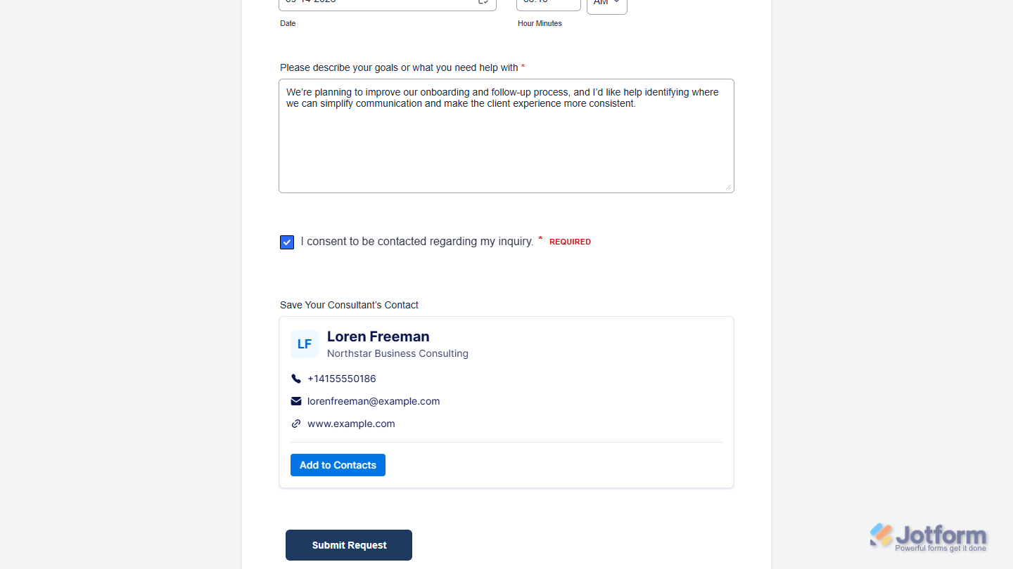 Add to Contacts Button widget on a Jotform Demo form
