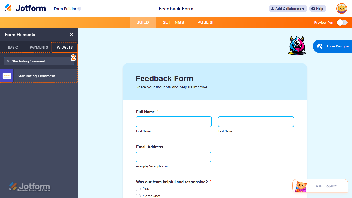 Star Rating Comment element under the Widgets tab of the Form Elements menu in Jotform Form Builder