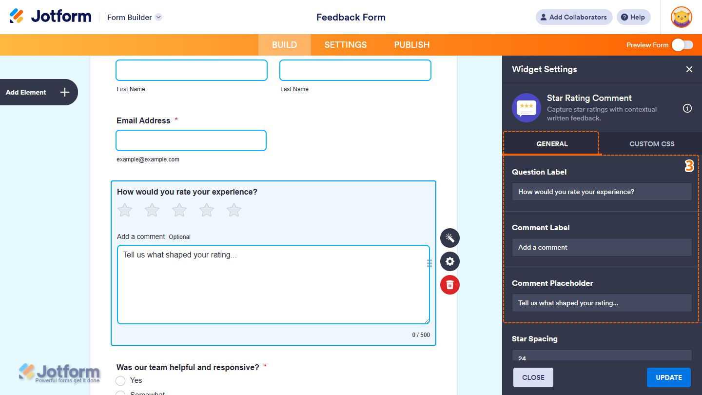 Different settings under the General tab of the Widget Settings menu in Jotform Form Builder