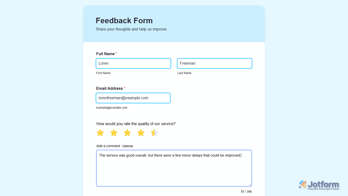 Star Rating Comment widget on a Jotform Demo form