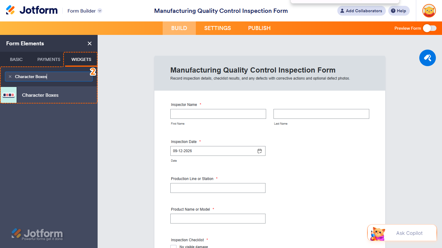 Character Boxes element under the Widgets tab of the Form Elements menu in Jotform Form Builder