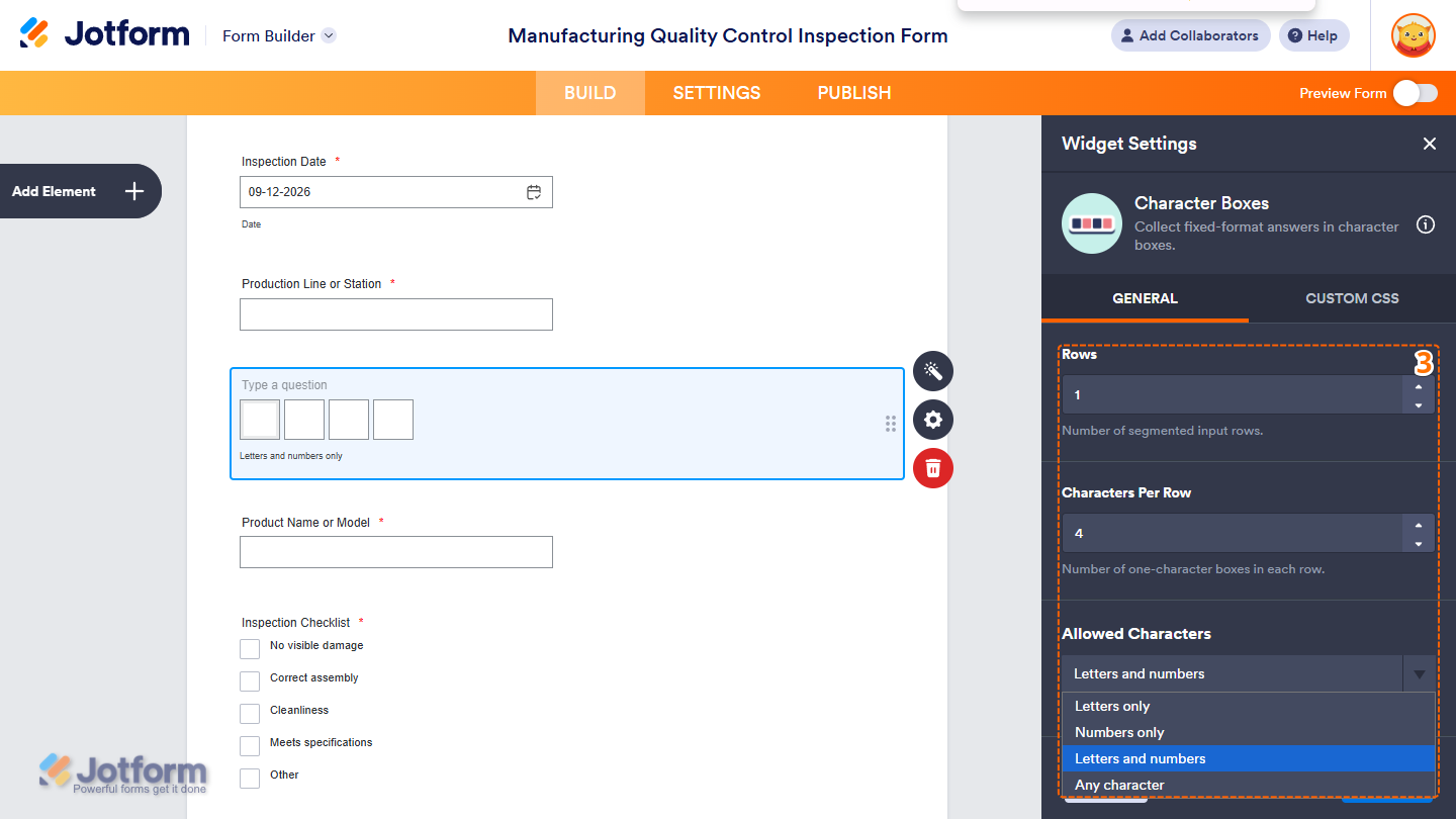 Different settings under the General tab of the Character Boxes Widget Settings in Jotform Form Builder