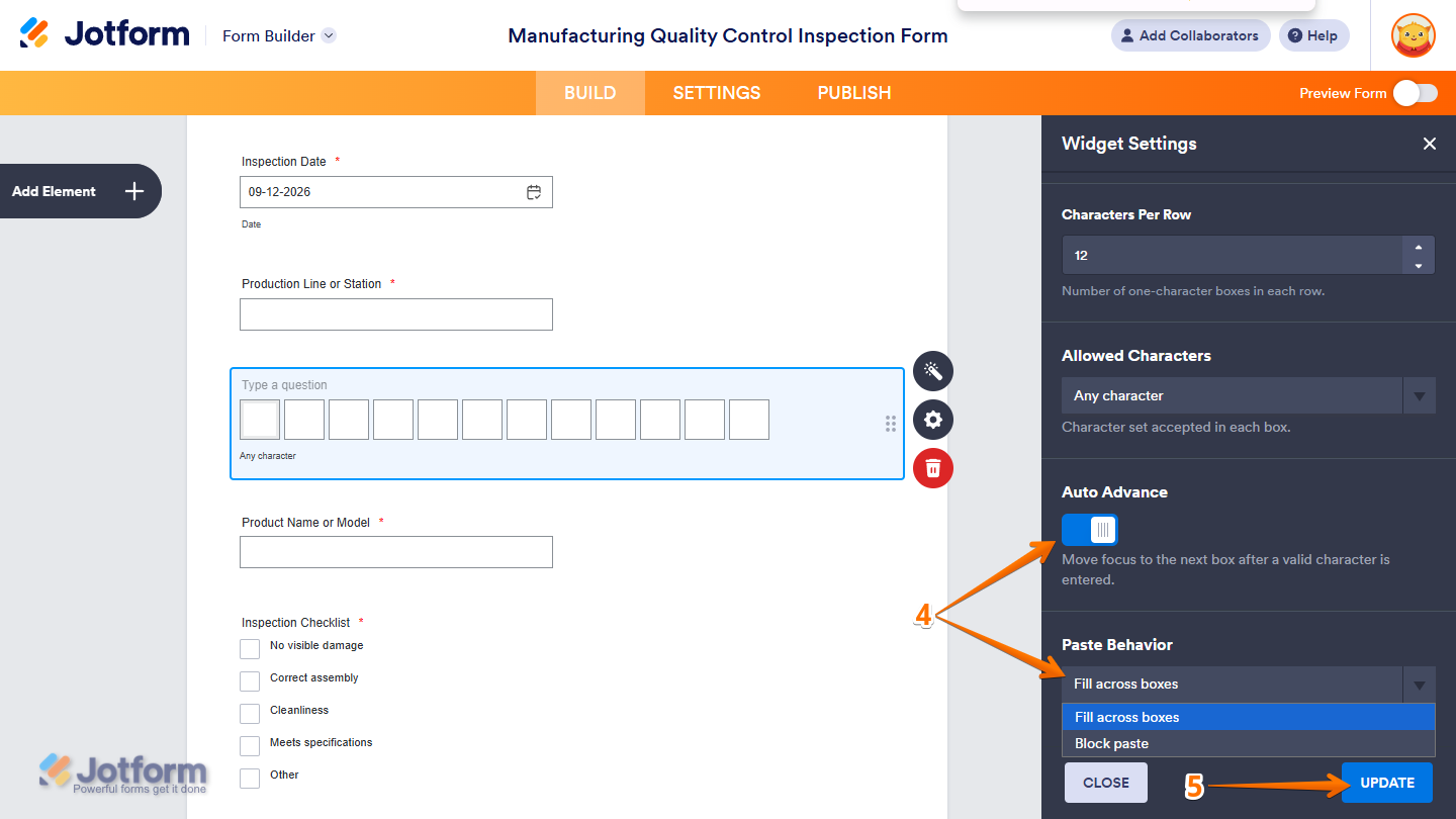 More settings and Update button under the General tab of the Character Boxes Widget Settings in Jotform Form Builder