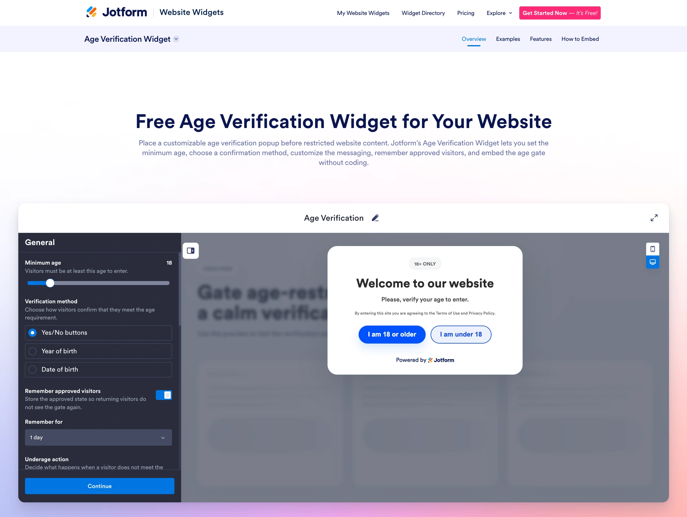 Screenshot of the Jotform Age Vertification Widget landing page