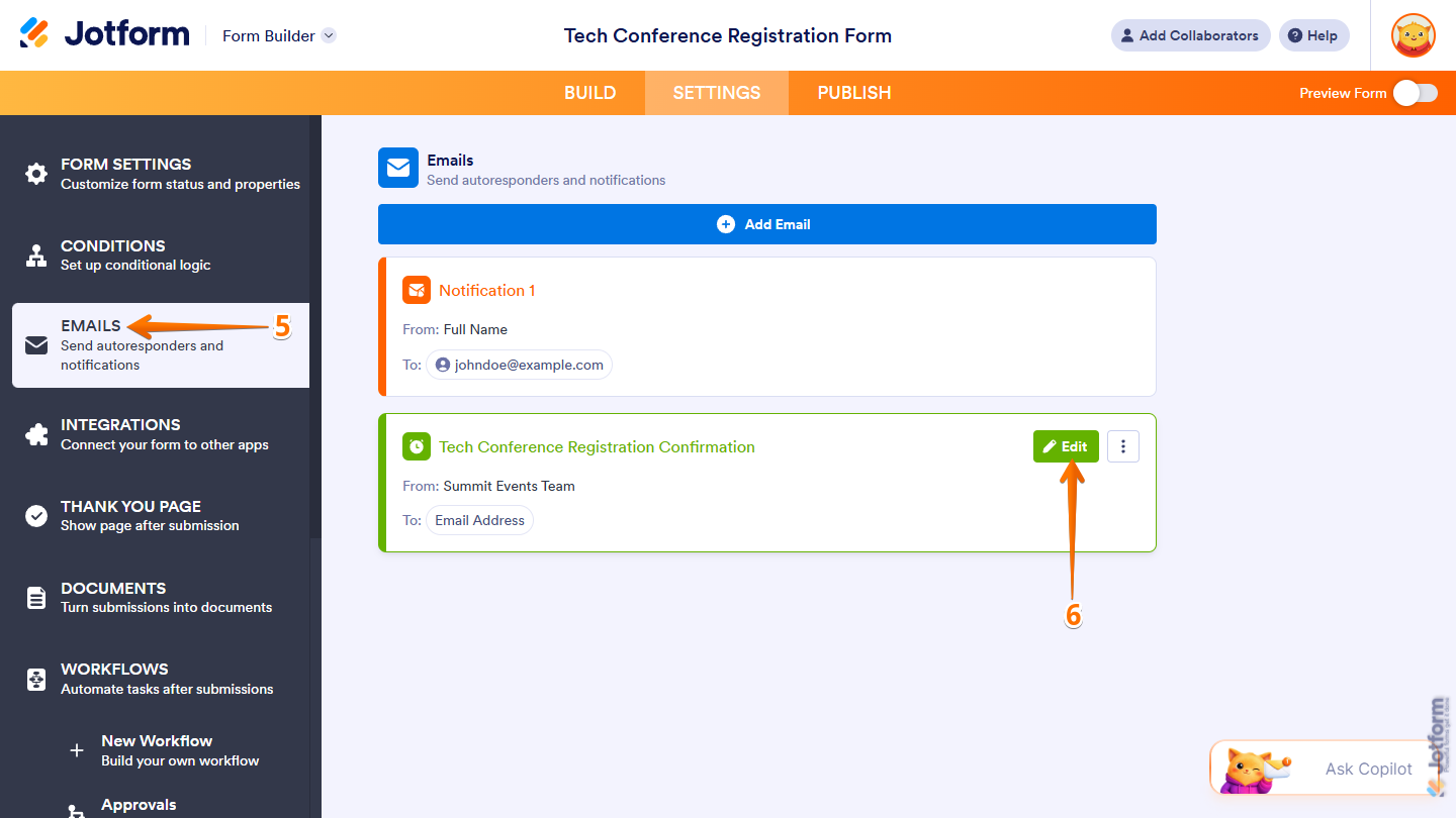 Edit Button on an Autoresponder Email under the Emails tab in Jotform Form Builder Settings