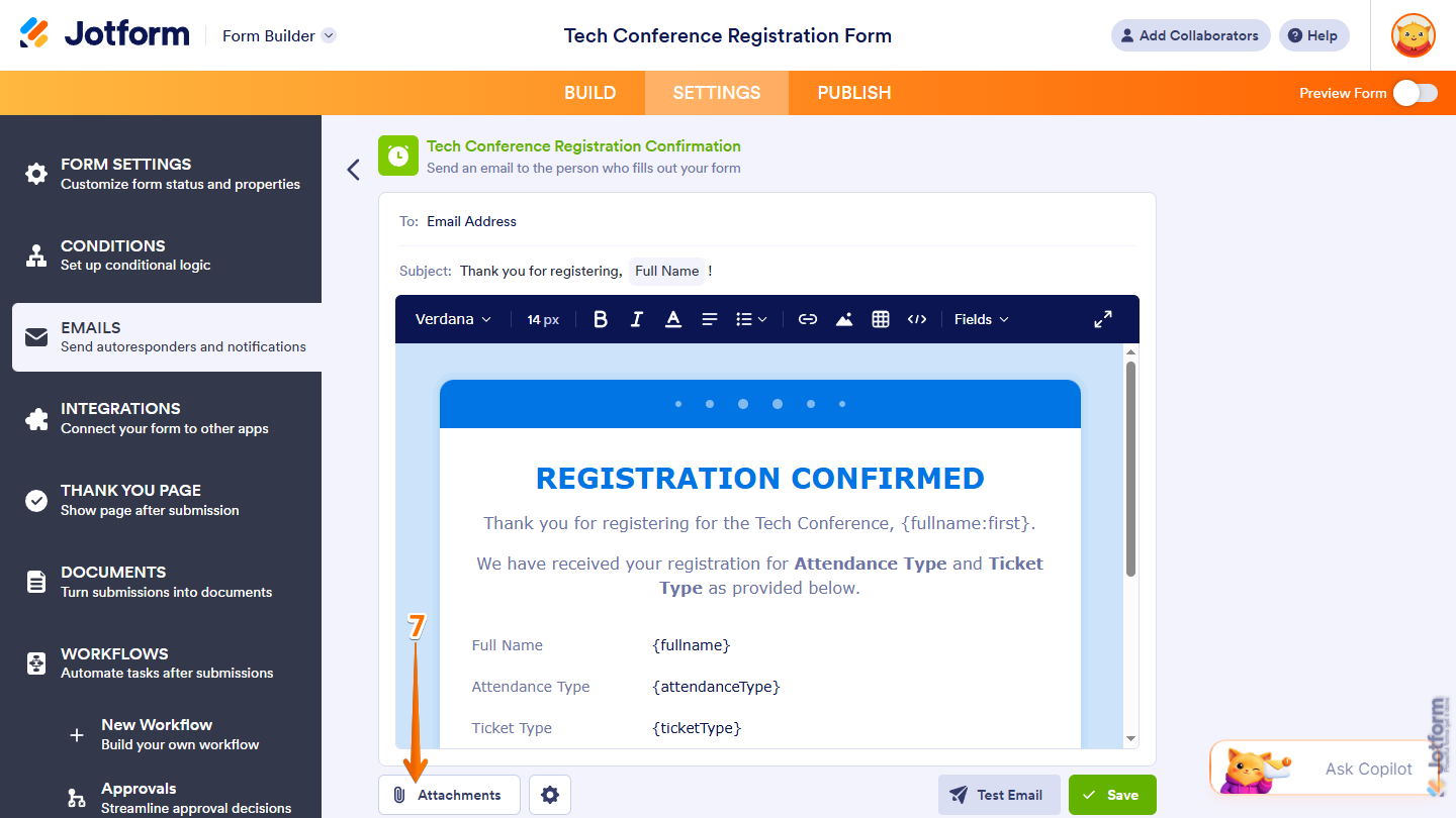 Attachments button in an Autoresponder Email under the Emails tab in Jotform Form Builder Settings