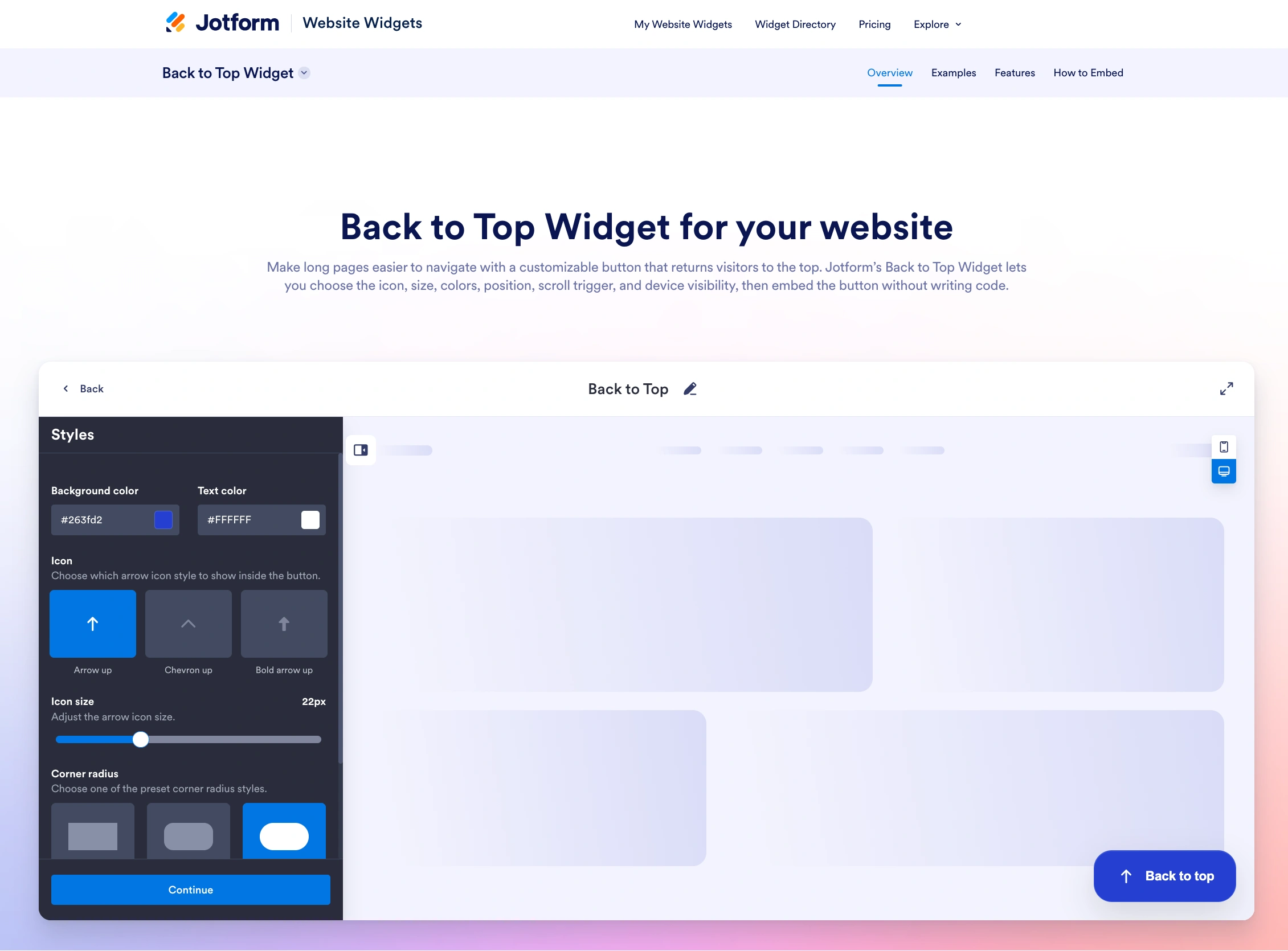 Jotform Back to Top Widget builder showing style and behavior settings