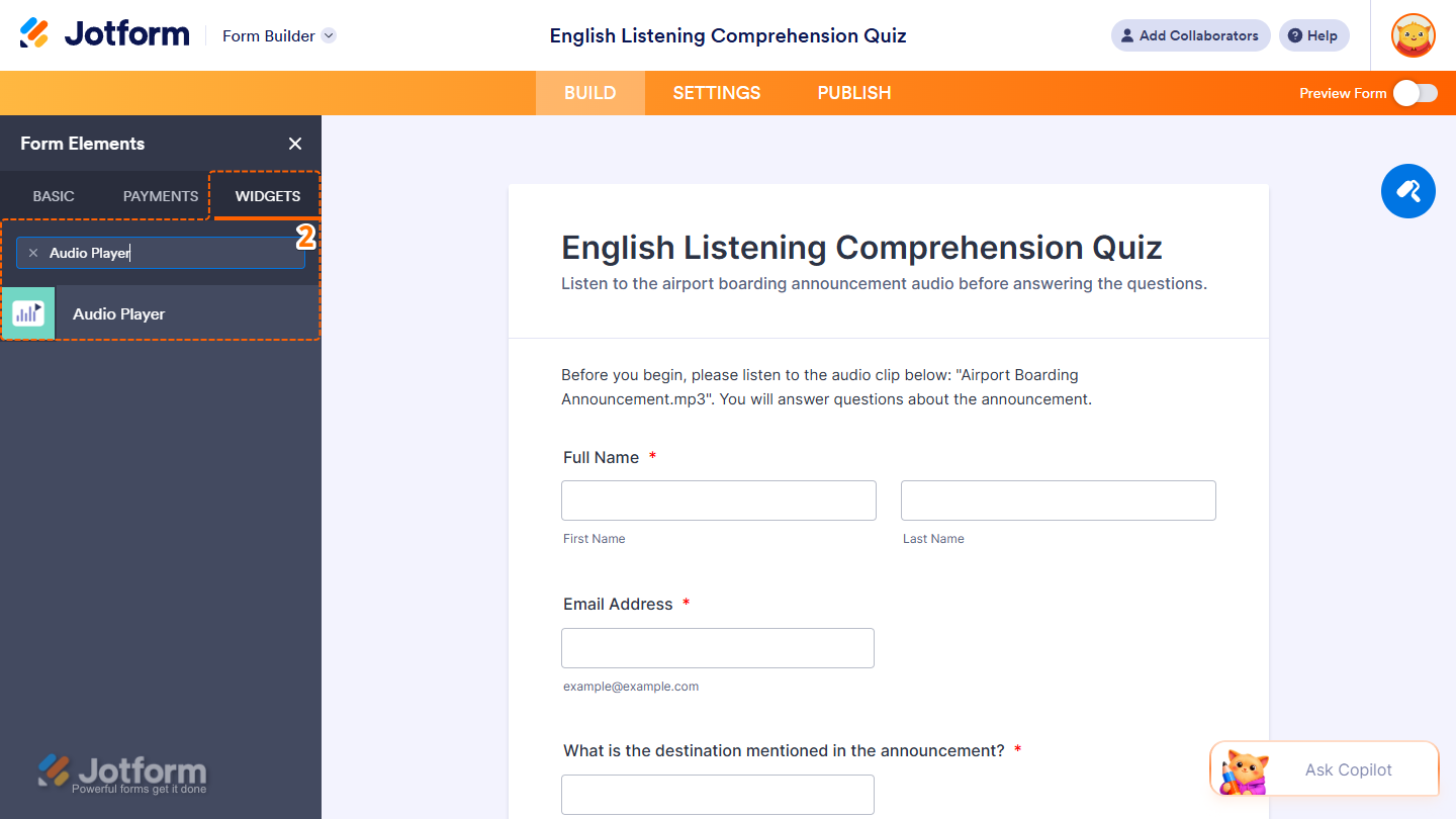 Audio Player element under the Widgets tab of the Form Elements menu in Jotform Form Builder