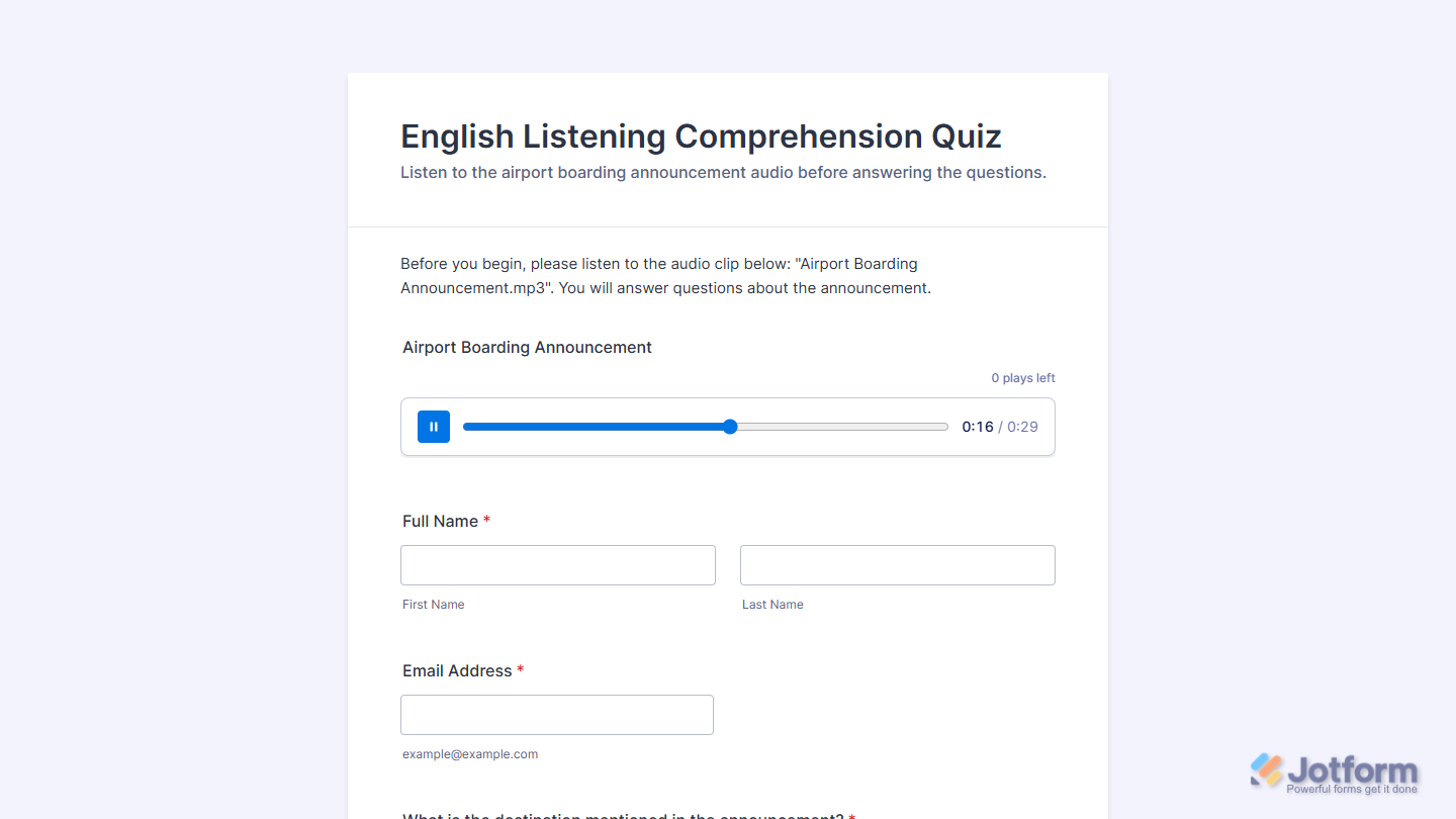 Audio Player widget on a Jotform Demo Form