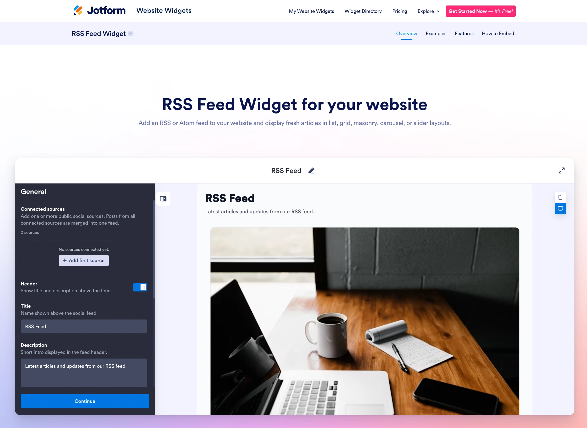 Screenshot of the Jotform RSS Feed Widget landing page
