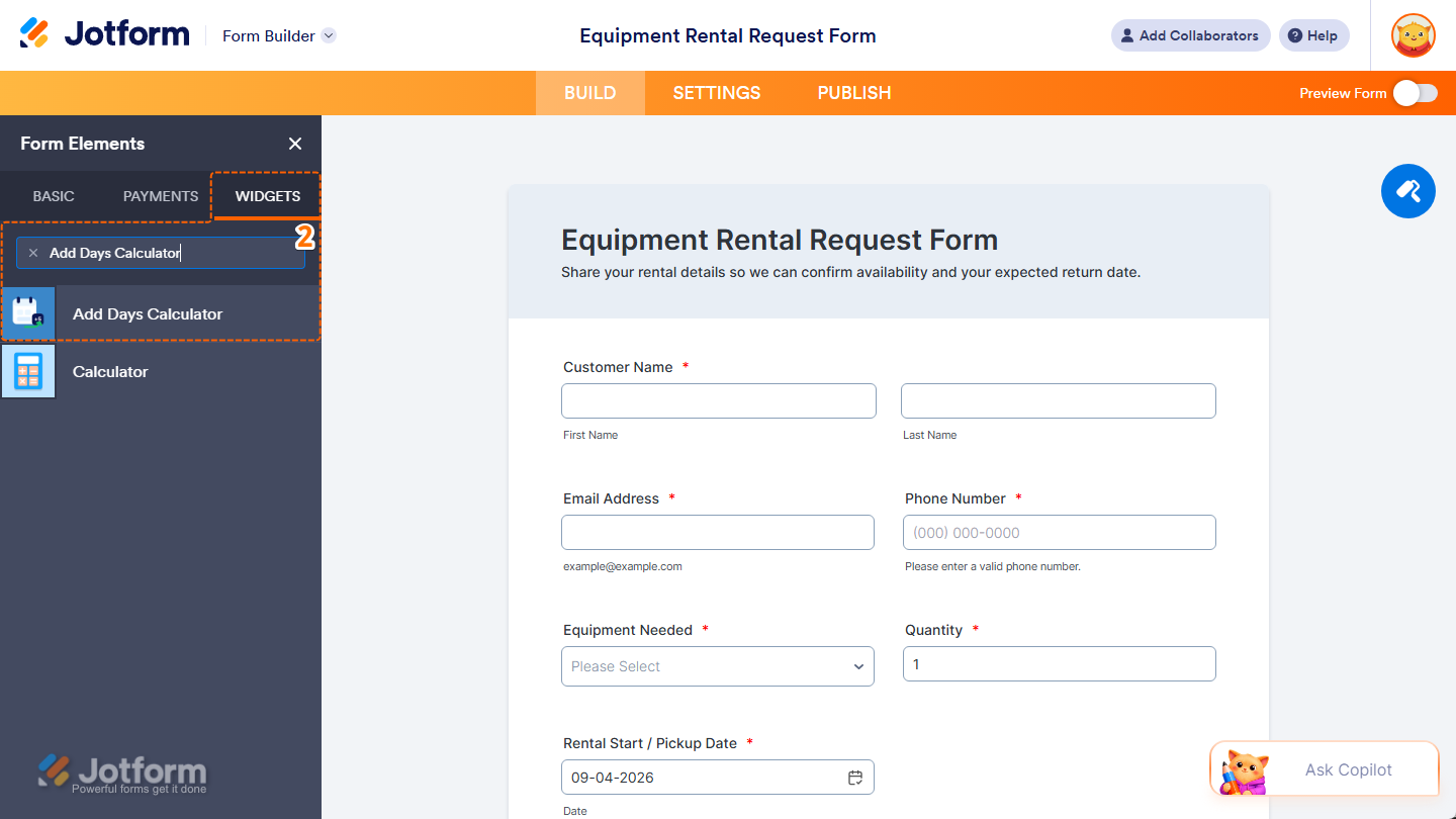 Add Days Calculator element under the Widgets tab of the Form Elements menu in Jotform Form Builder