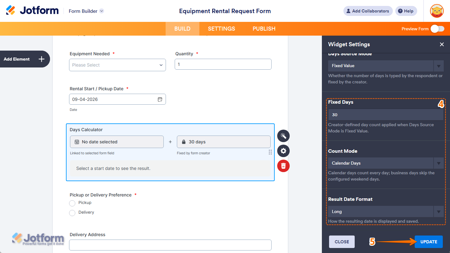 More settings under the General tab of the Widget Settings menu of Add Days Calculator widget in Jotform Form Builder