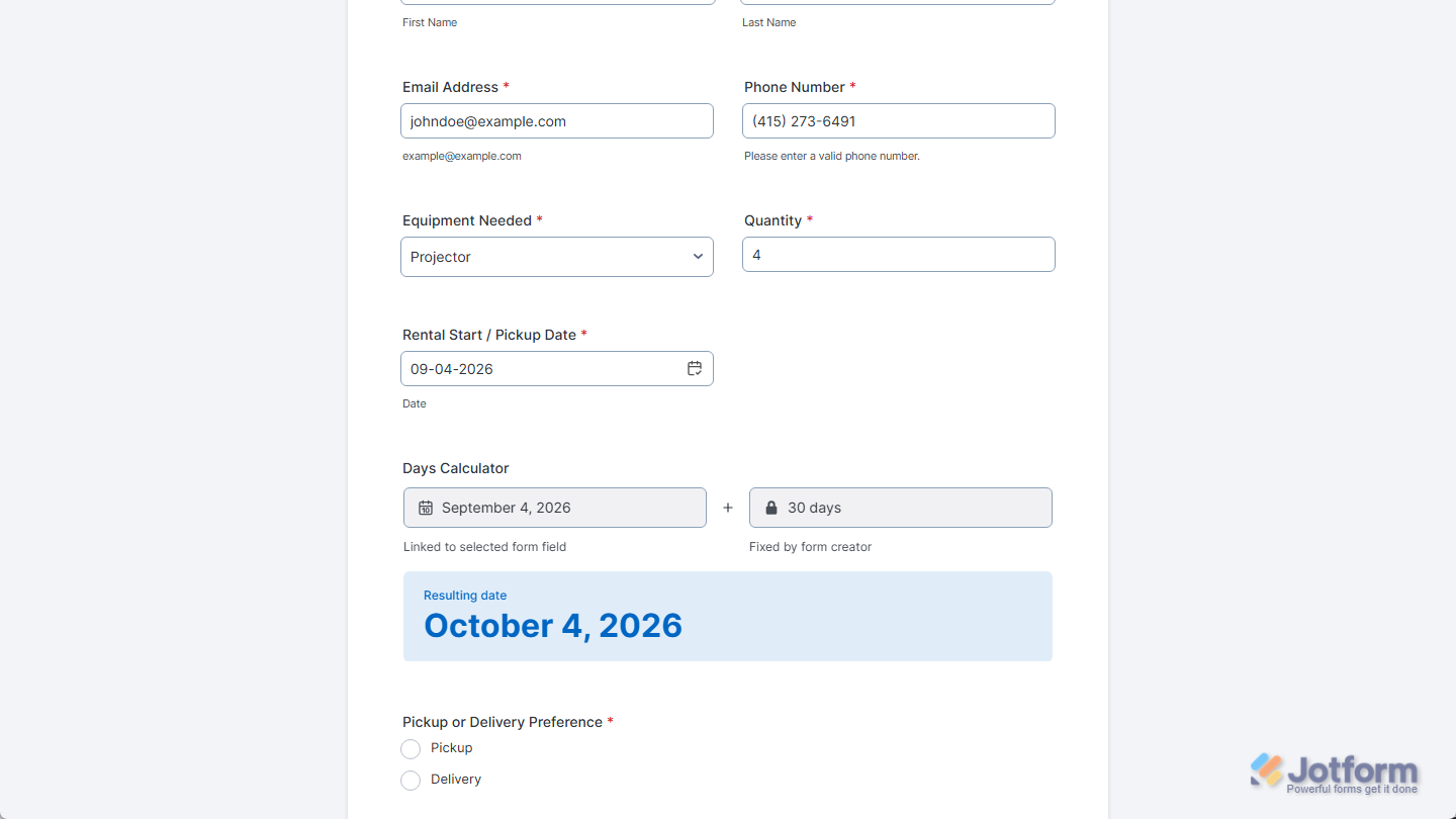 Add Days Calculator widget in a Jotform demo form