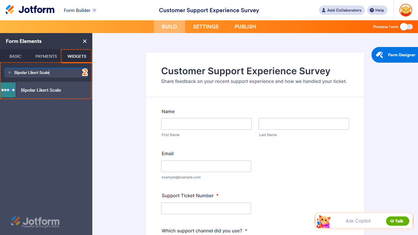 Bipolar Likert Scale element under the Widgets tab of the Form Elements menu in Jotform Form Builder