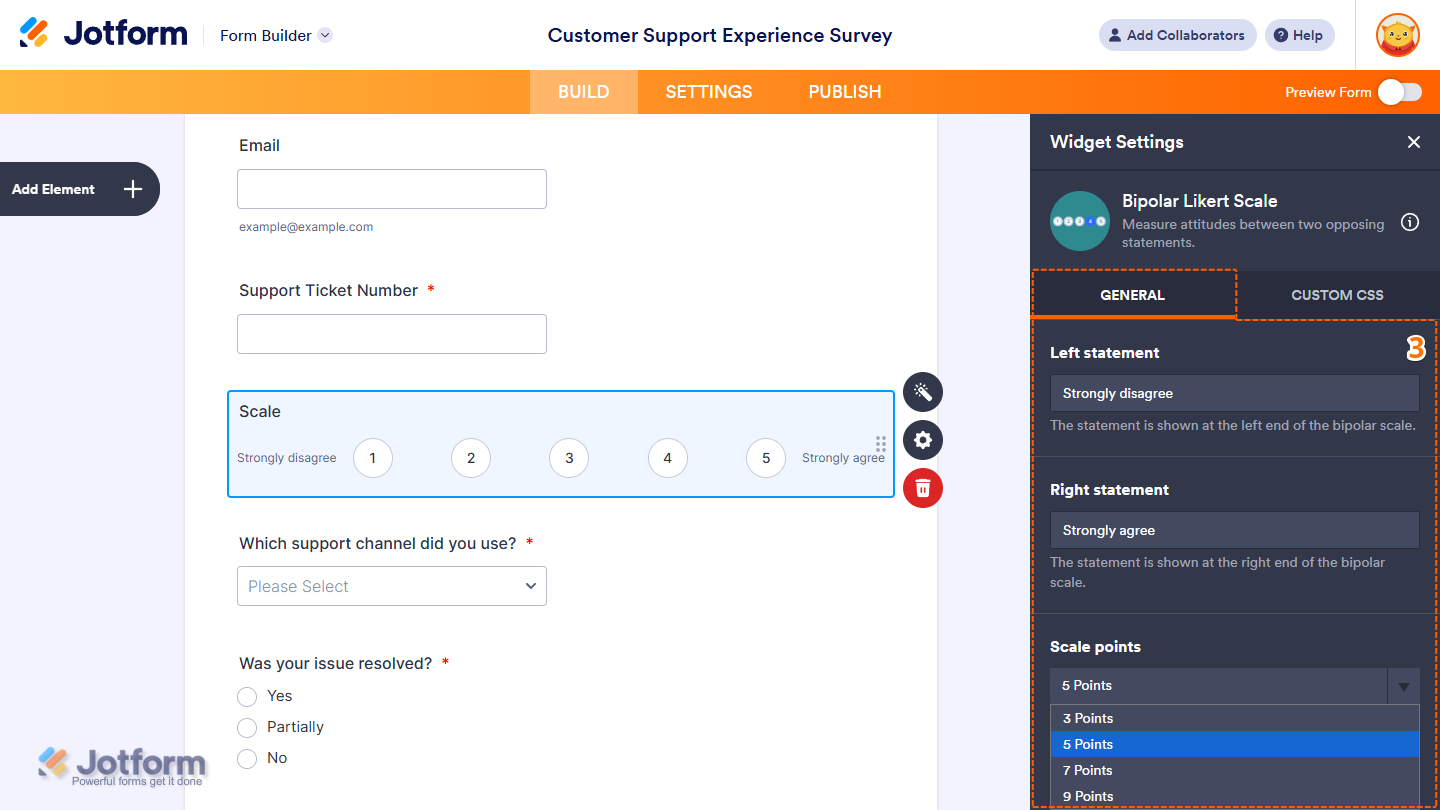 Different settings of the Bipolar Likert Scale widget under the General tab of the Widget Settings in Jotform Form Builder