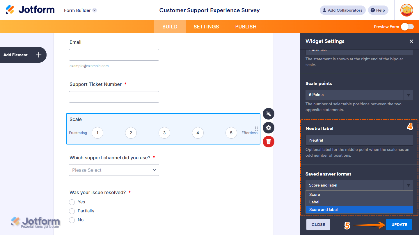 Update button and More settings of the Bipolar Likert Scale widget under the General tab of the Widget Settings in Jotform Form Builder