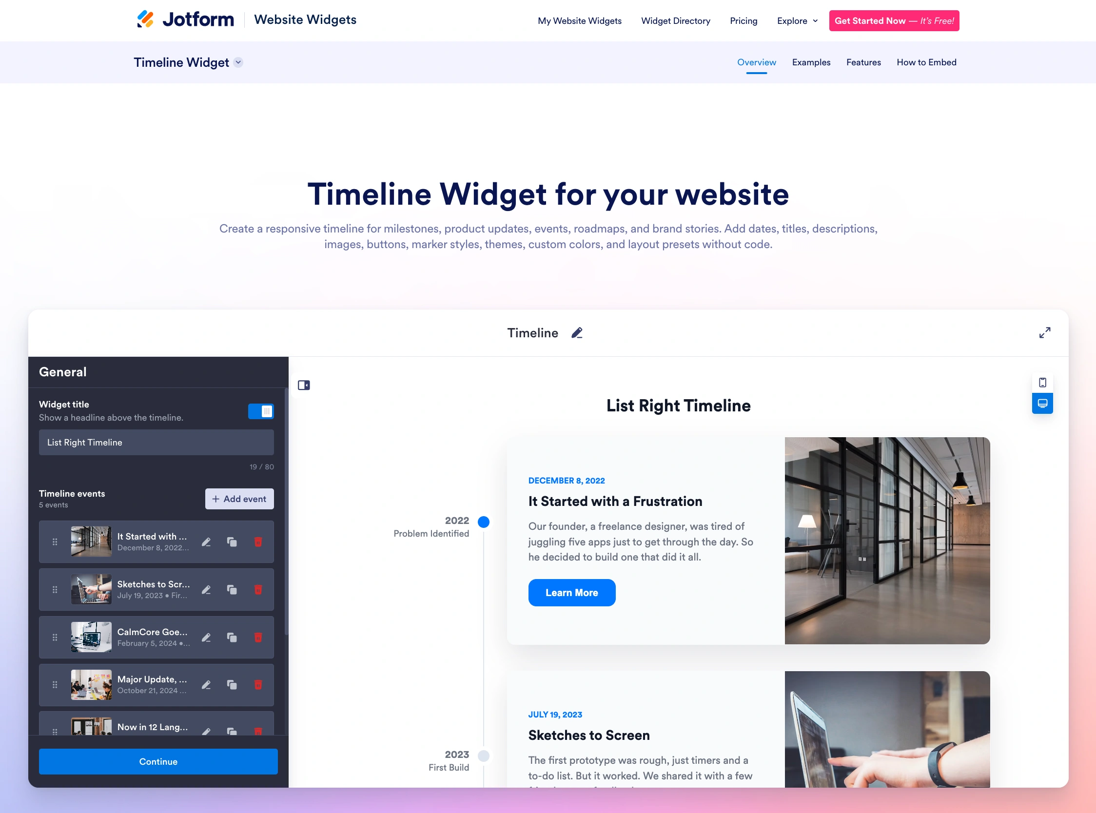 Screenshot of the Jotform Timeline Widget landing page