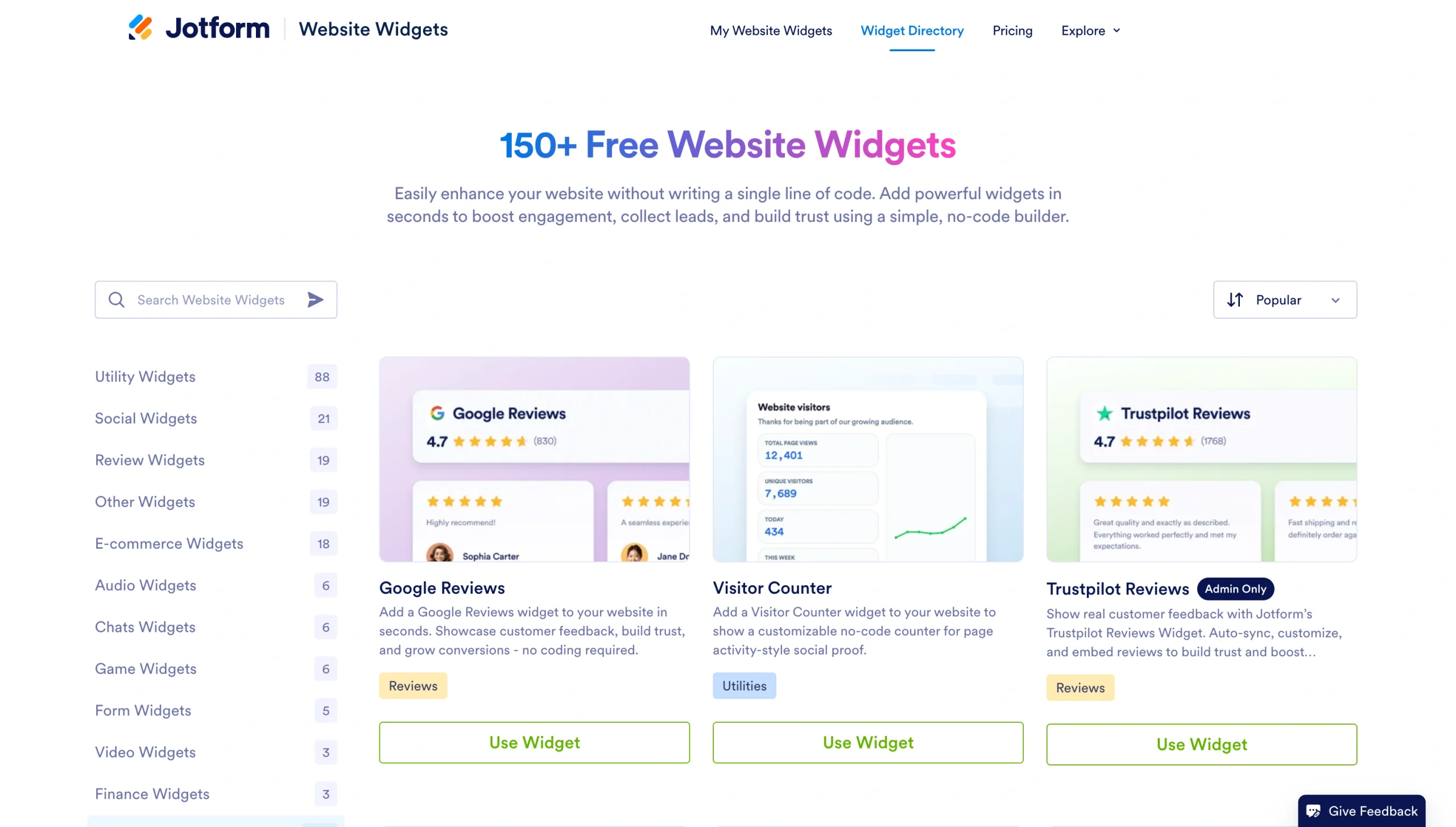 Screenshot of the Jotform Free Website Widgets