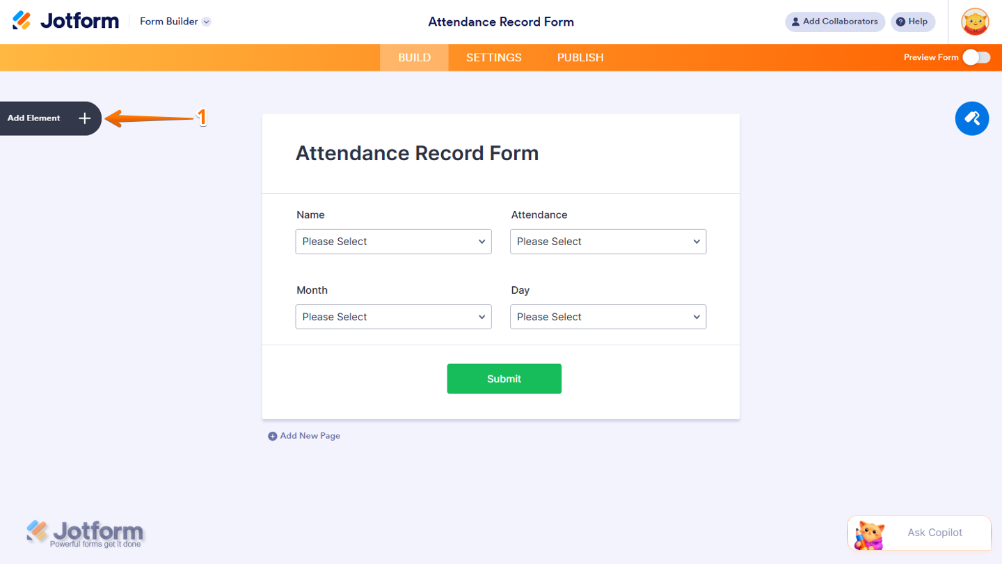 Jotform Form Builder with the Add Element button visible on the left side of the page for adding a new form element