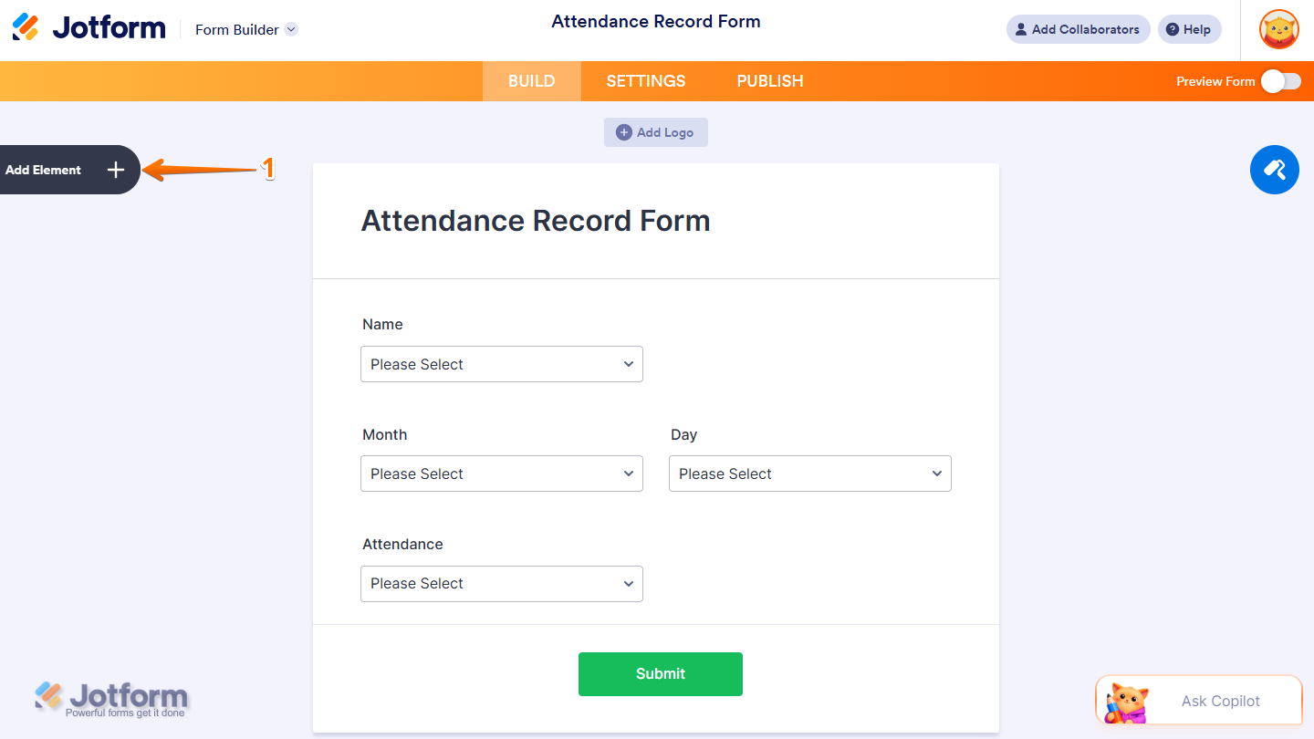 Jotform Form Builder with the Add Element button visible on the left side of the page for adding a new form element