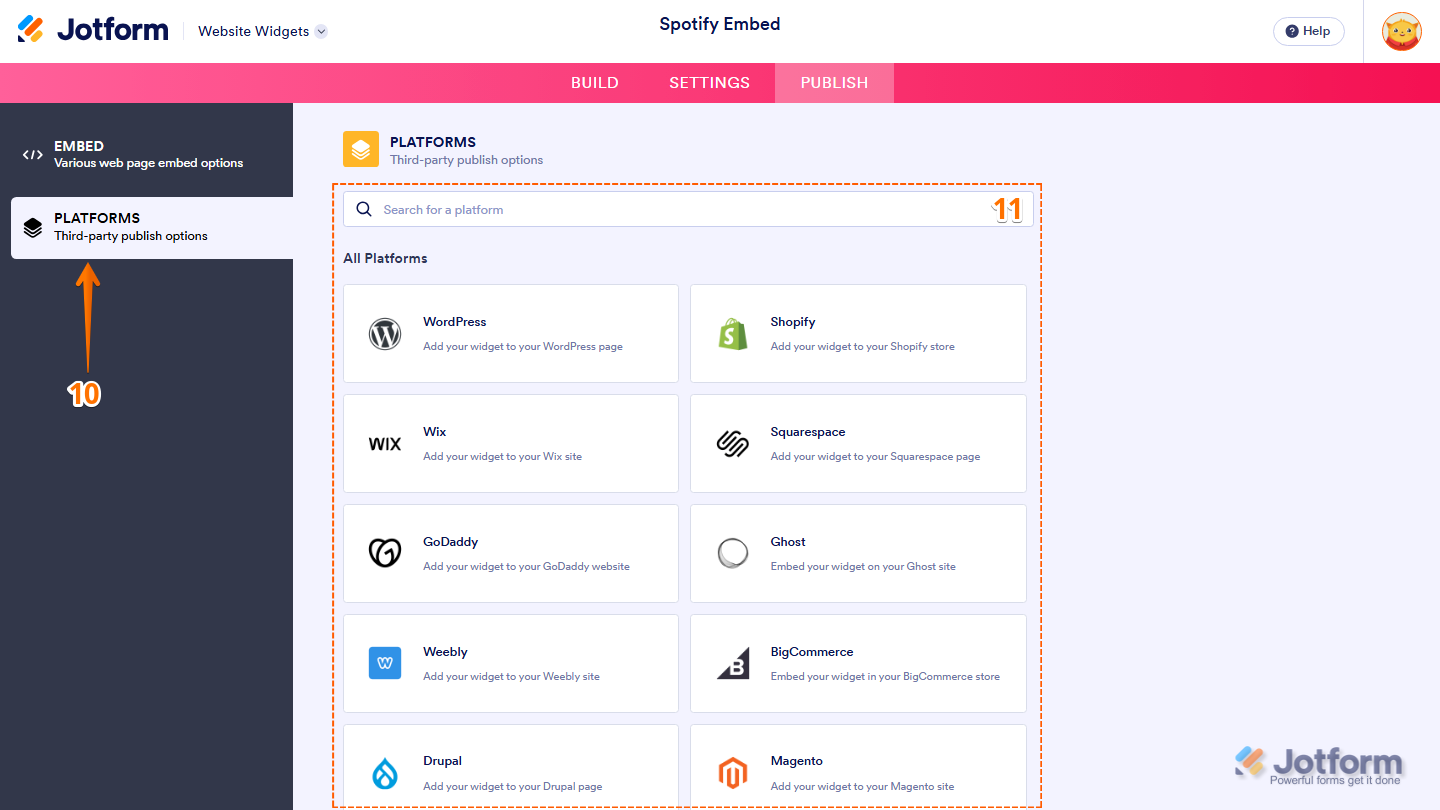 Jotform Spotify Embed widget Platforms section showing platform options and a Search bar for finding platform-specific embedding instructions
