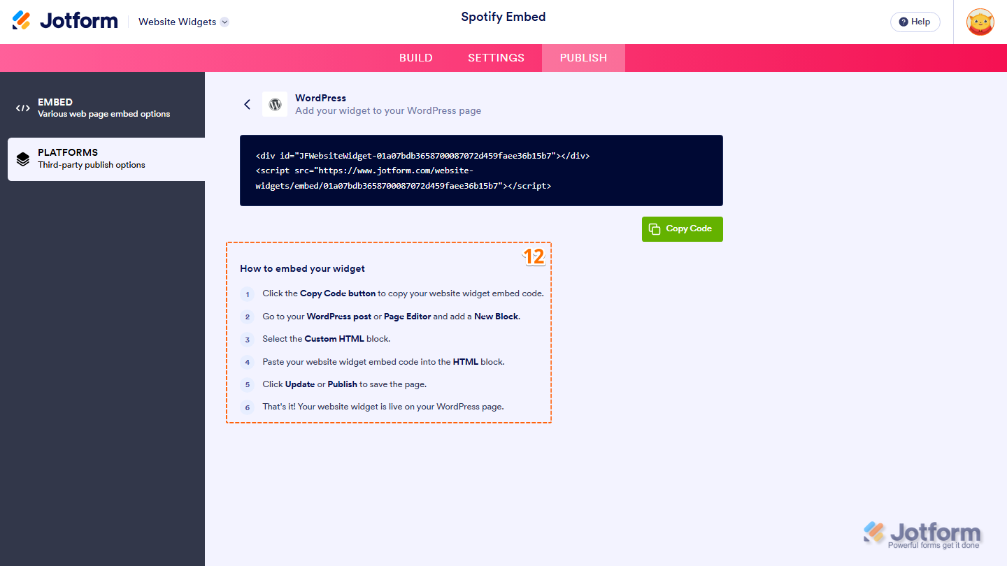 Jotform Spotify Embed widget How to Embed Your Widget section displaying step-by-step instructions for adding the widget to a website