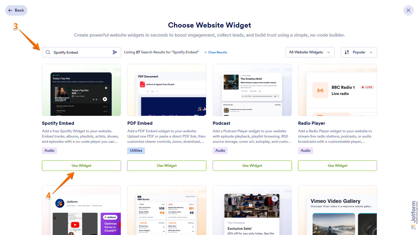 Jotform Choose Website Widget page showing Spotify Embed entered in the upper-left Search bar, with the Use Widget button visible at the bottom of the Spotify Embed widget