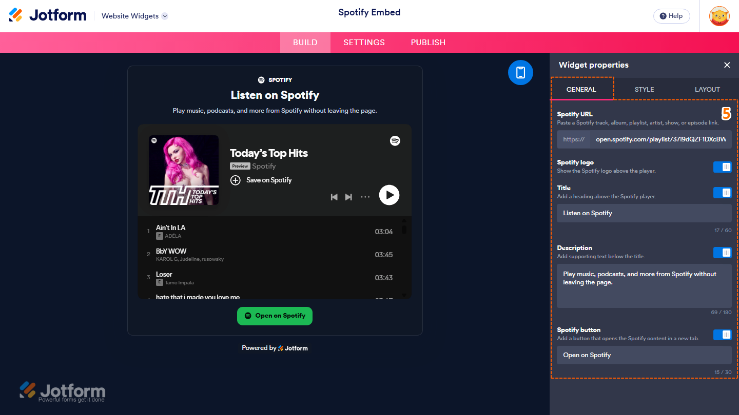 Jotform Spotify Embed widget properties showing Spotify URL, Spotify Logo, Title, Description, and Spotify Button settings for customizing the embedded Spotify player