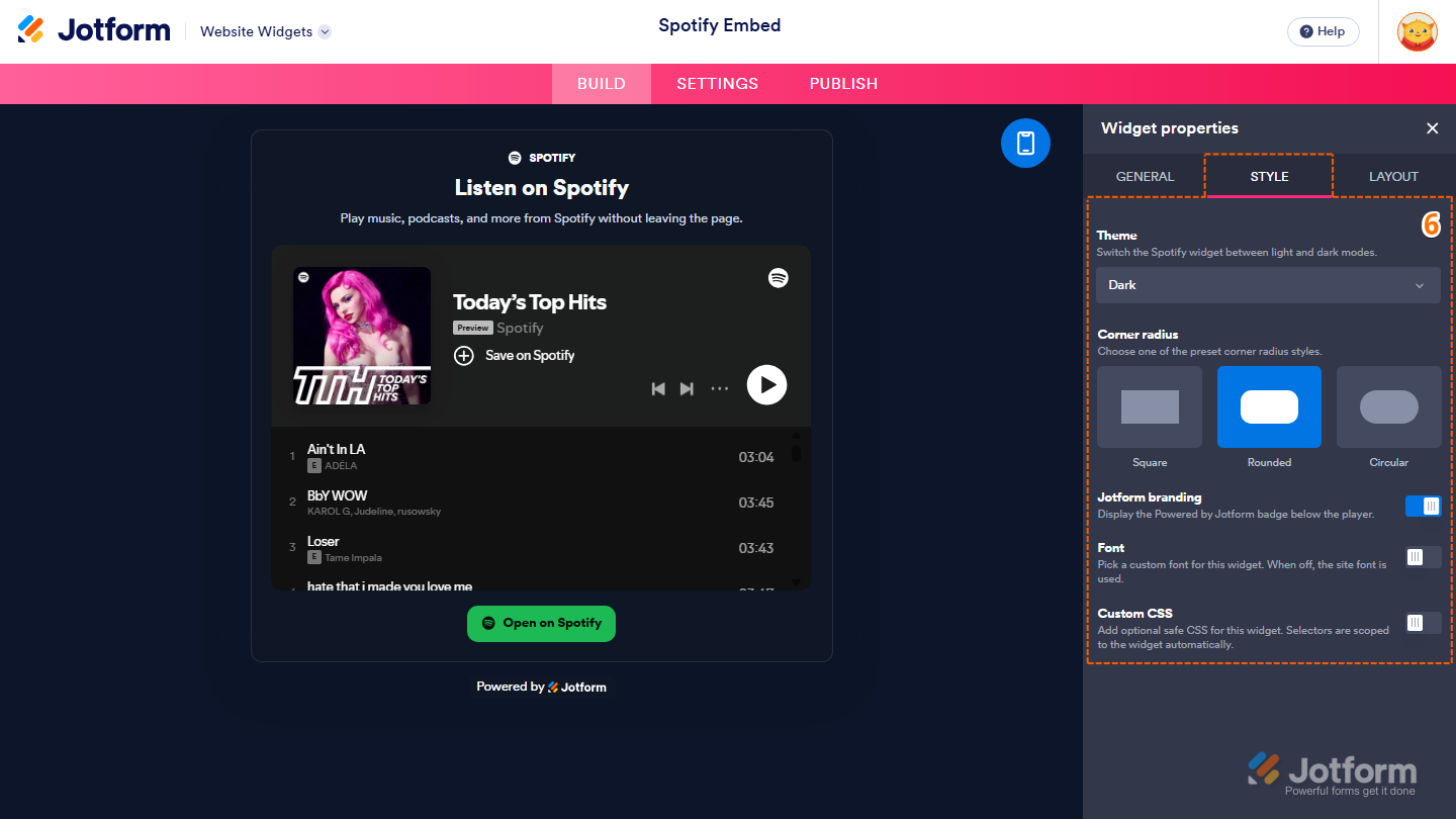 Jotform Spotify Embed widget Style tab showing Theme, Corner Radius, Jotform Branding, Font, and Custom CSS options for customizing the widget’s appearance