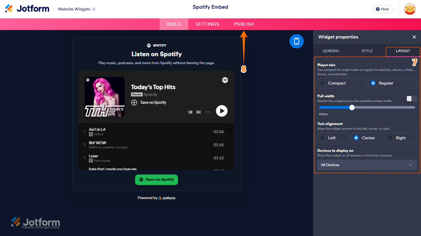 Jotform Spotify Embed widget Layout tab showing Player Size, Full Width, Text Alignment, and Devices to Display On settings, with the Publish button visible in the pink navigation bar at the top