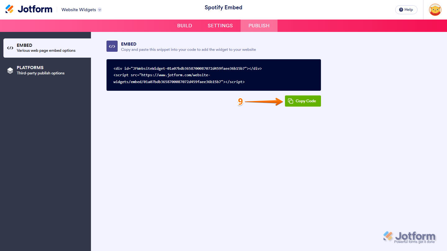 Jotform Spotify Embed widget Embed section showing the Copy Code button for copying the widget’s embed code and pasting it into a website or other platform