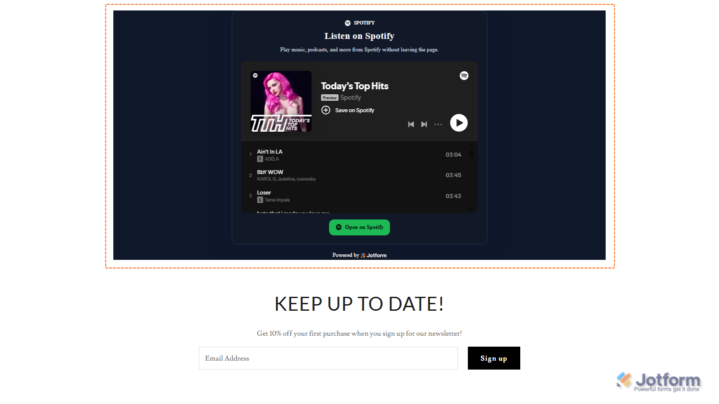 Jotform Spotify Embed widget displayed on a website with the selected design, layout, branding, and Spotify content settings applied