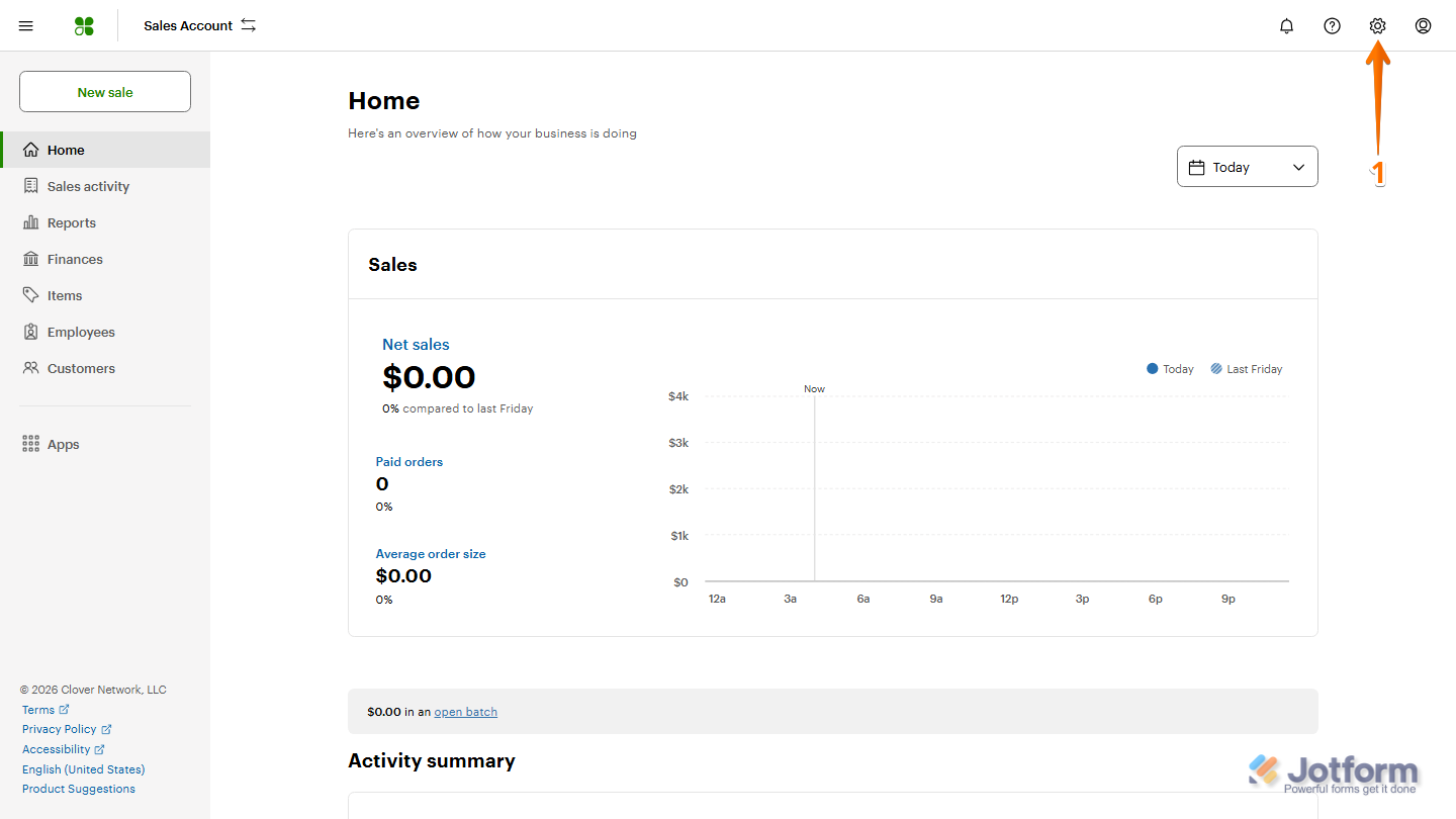 Clover Dashboard with the Gear icon visible in the top-right corner for opening account and dashboard settings