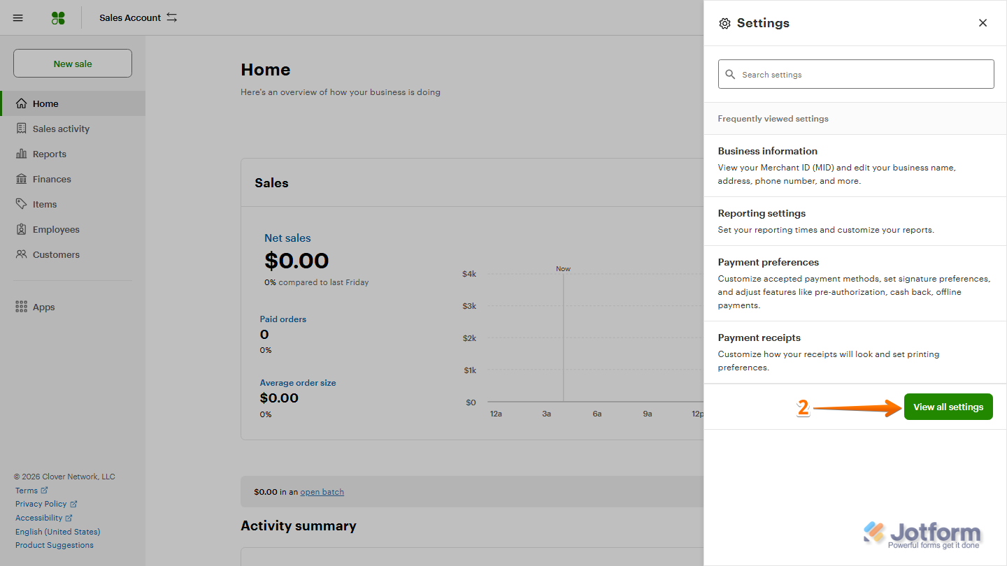 Clover Settings window showing the View All Settings option for accessing the full list of account and dashboard settings
