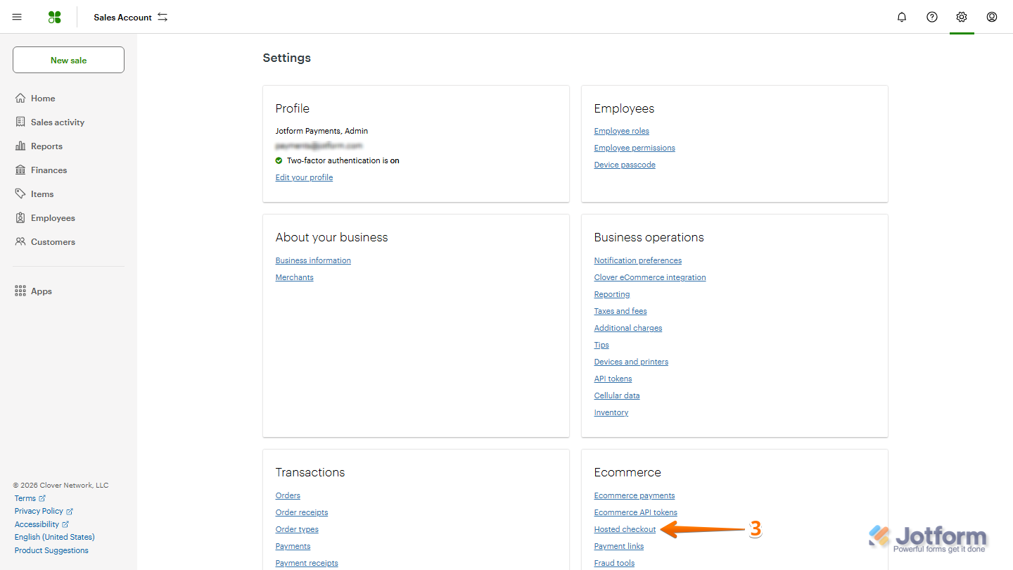 Clover Settings page showing the Ecommerce section with the Hosted Checkout option available to configure online checkout settings