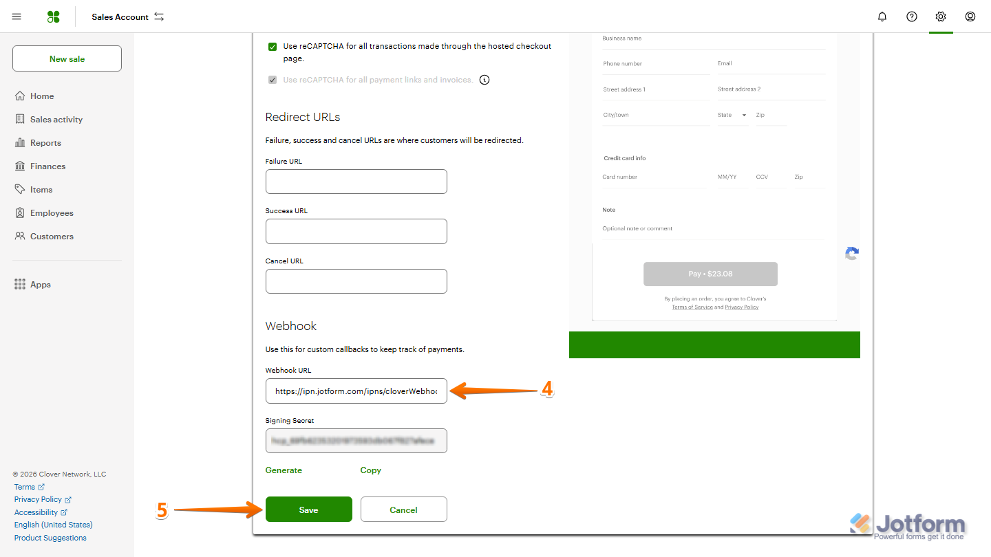 Clover Hosted Checkout settings showing the Webhook section with the Jotform webhook URL entered in the Webhook URL field and the Save button available to save the configuration