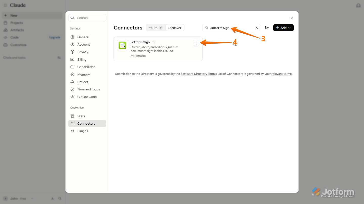 Claude Connectors window displaying the Search bar with Jotform Sign entered and the Plus icon next to Jotform Sign to add the connector