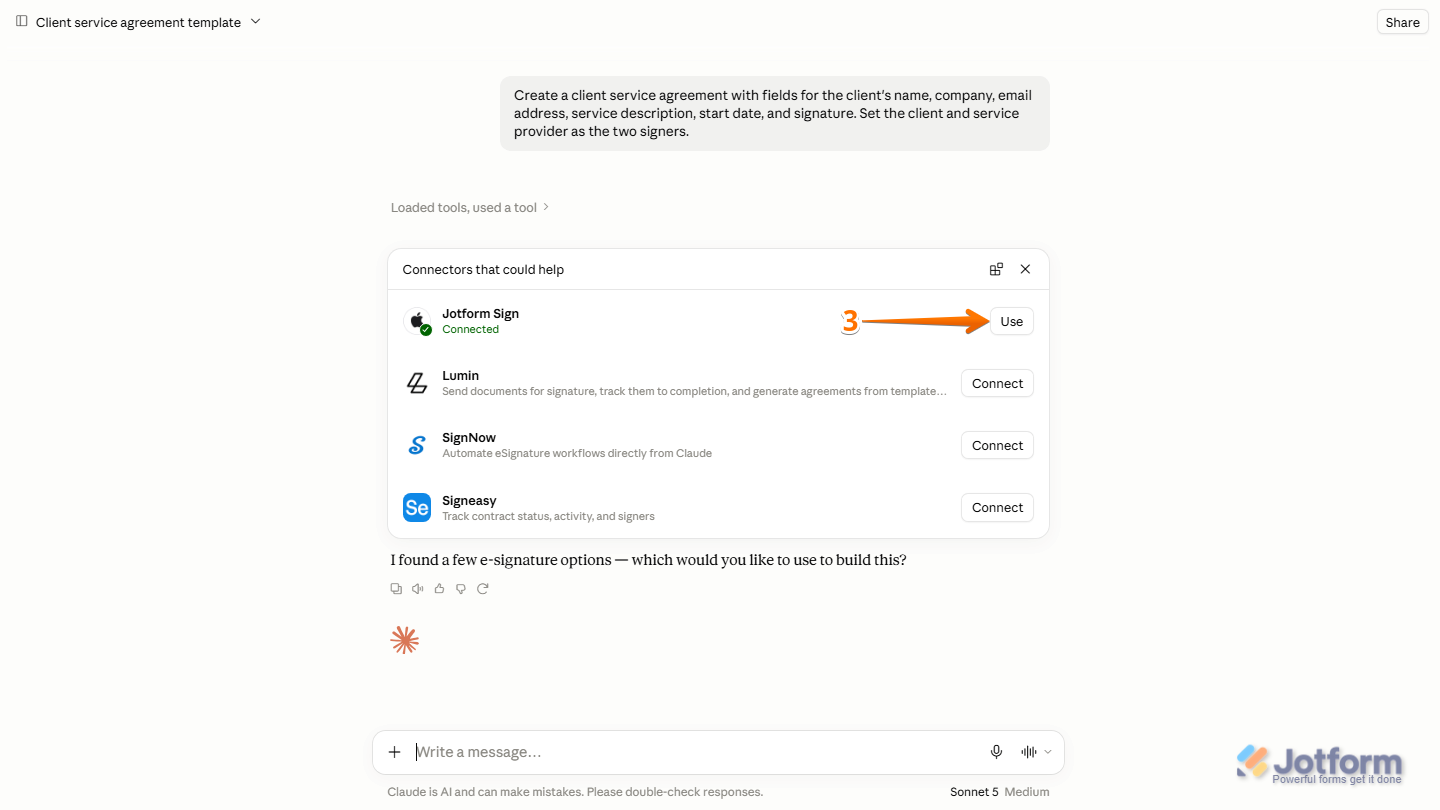 Claude chat interface displaying the Connectors That Could Help list with the Jotform Sign connector and the Use button on the right side