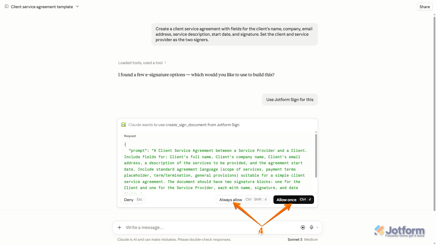 Claude permission prompt showing Allow Once and Always Allow options for granting Claude permission to use the Jotform Sign connector