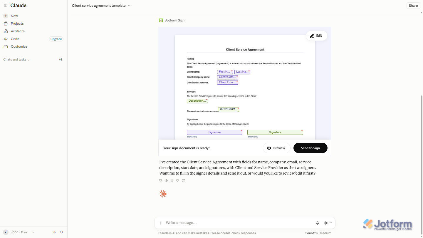 Claude chat interface displaying a generated Jotform Sign document with options to preview, edit, and send the document to signers
