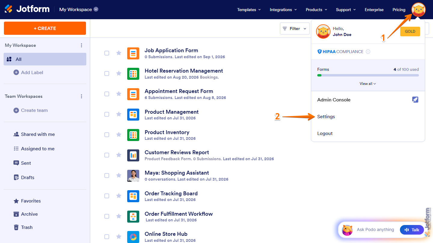 Jotform Workspace page showing the Avatar/Profile Image menu in the top-right corner, with Settings available to open the Account Settings page in a new browser tab