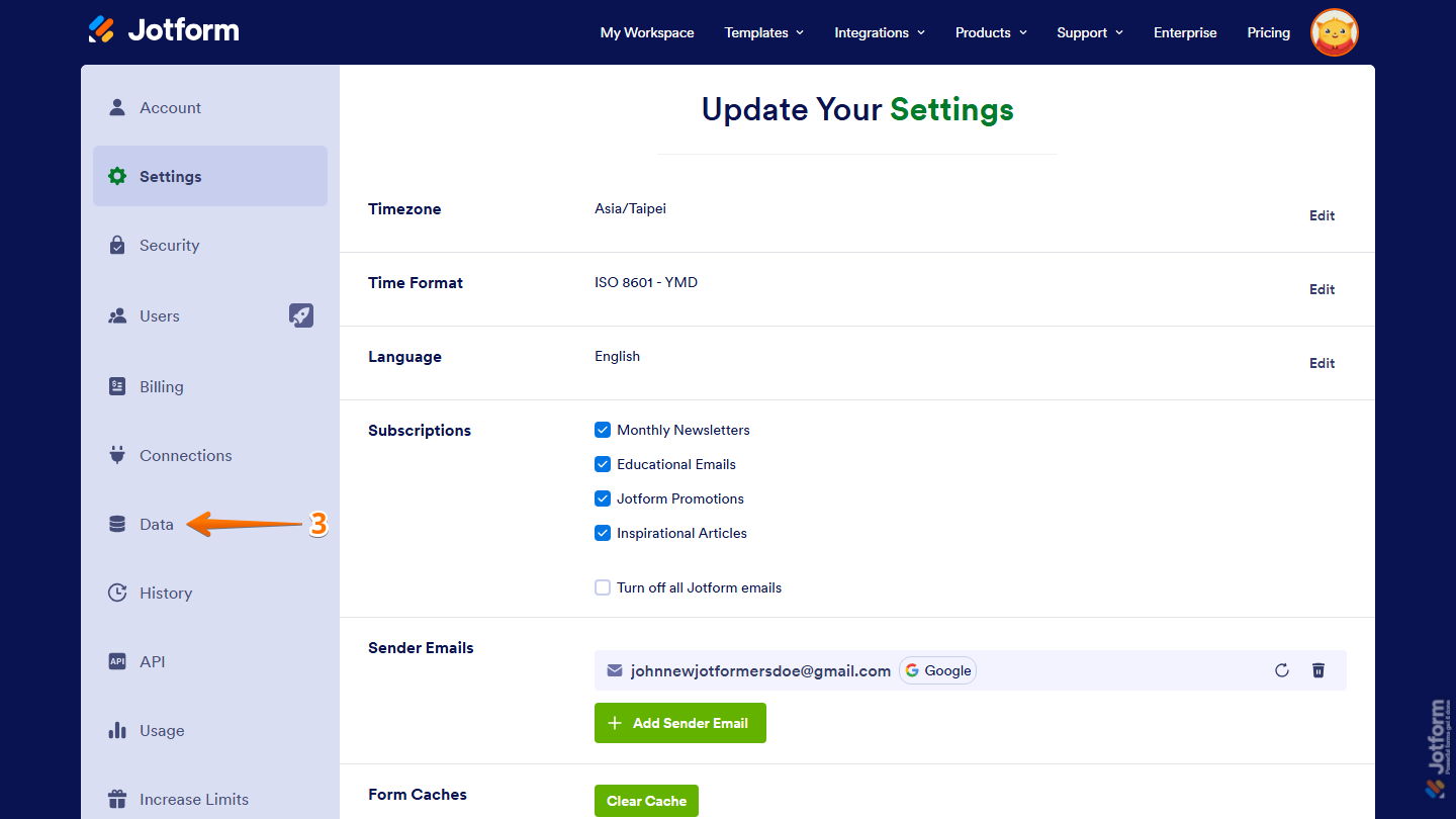 Jotform Account Settings page with the Data option visible in the left-side menu for accessing data-related settings