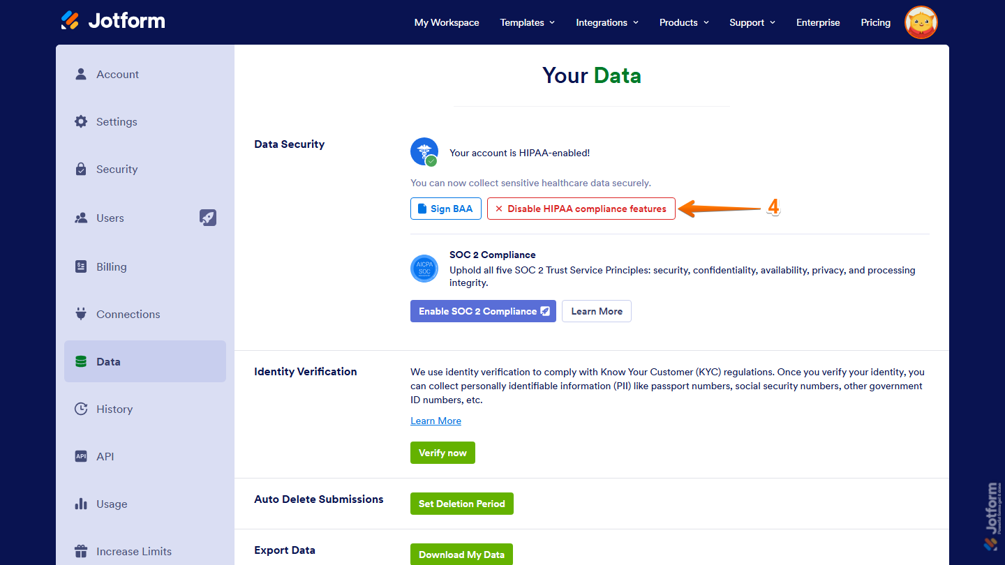 Jotform Account Settings page showing the Data Security section with the Disable HIPAA Compliance Features option available to turn off HIPAA compliance features