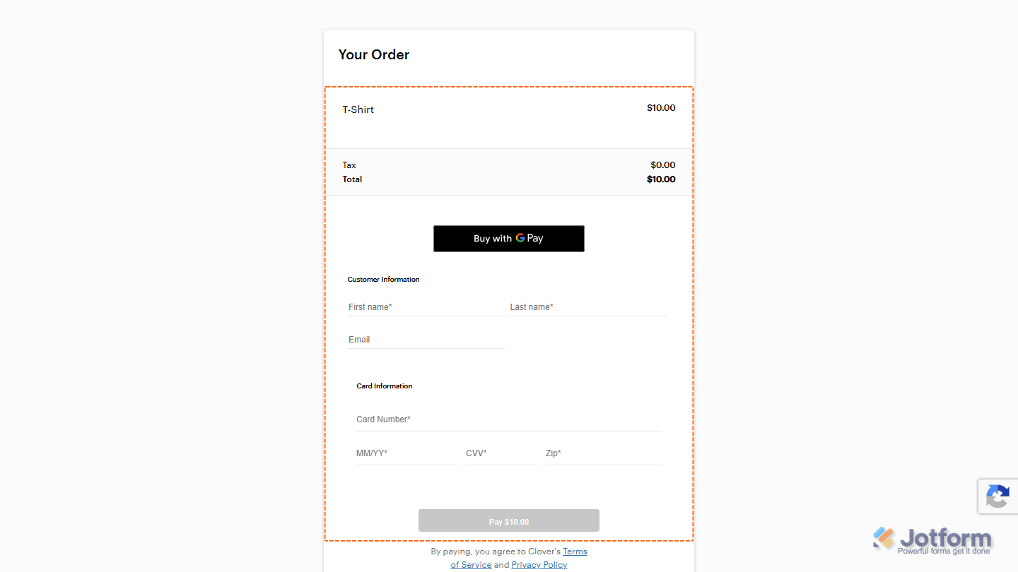 That’s it! Once a customer submits the order, they’ll be taken to the Clover Checkout page, where they can review their order and enter their payment and billing information