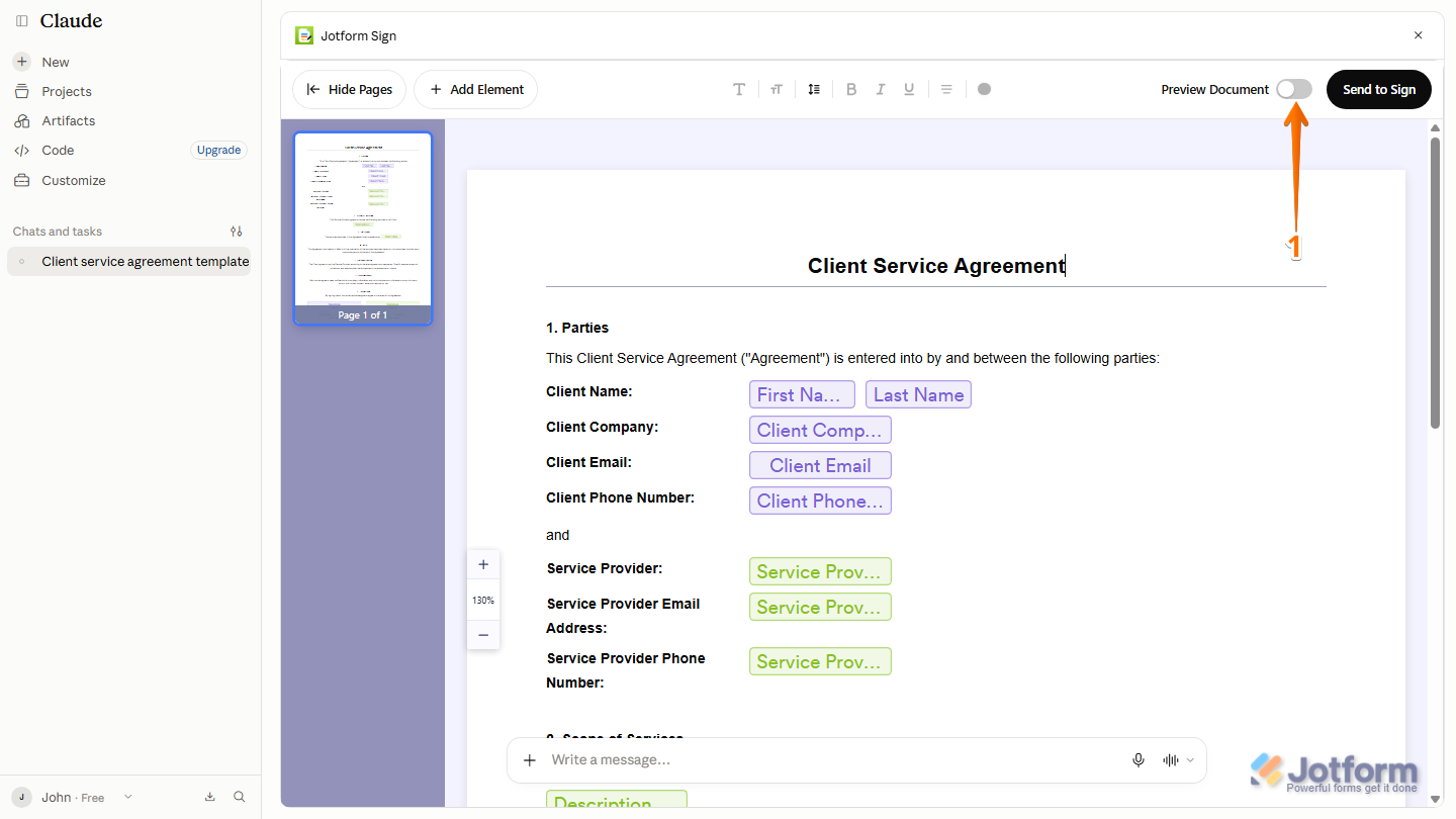 Jotform Sign Editor displaying the Preview Document toggle in the top-right corner of the page