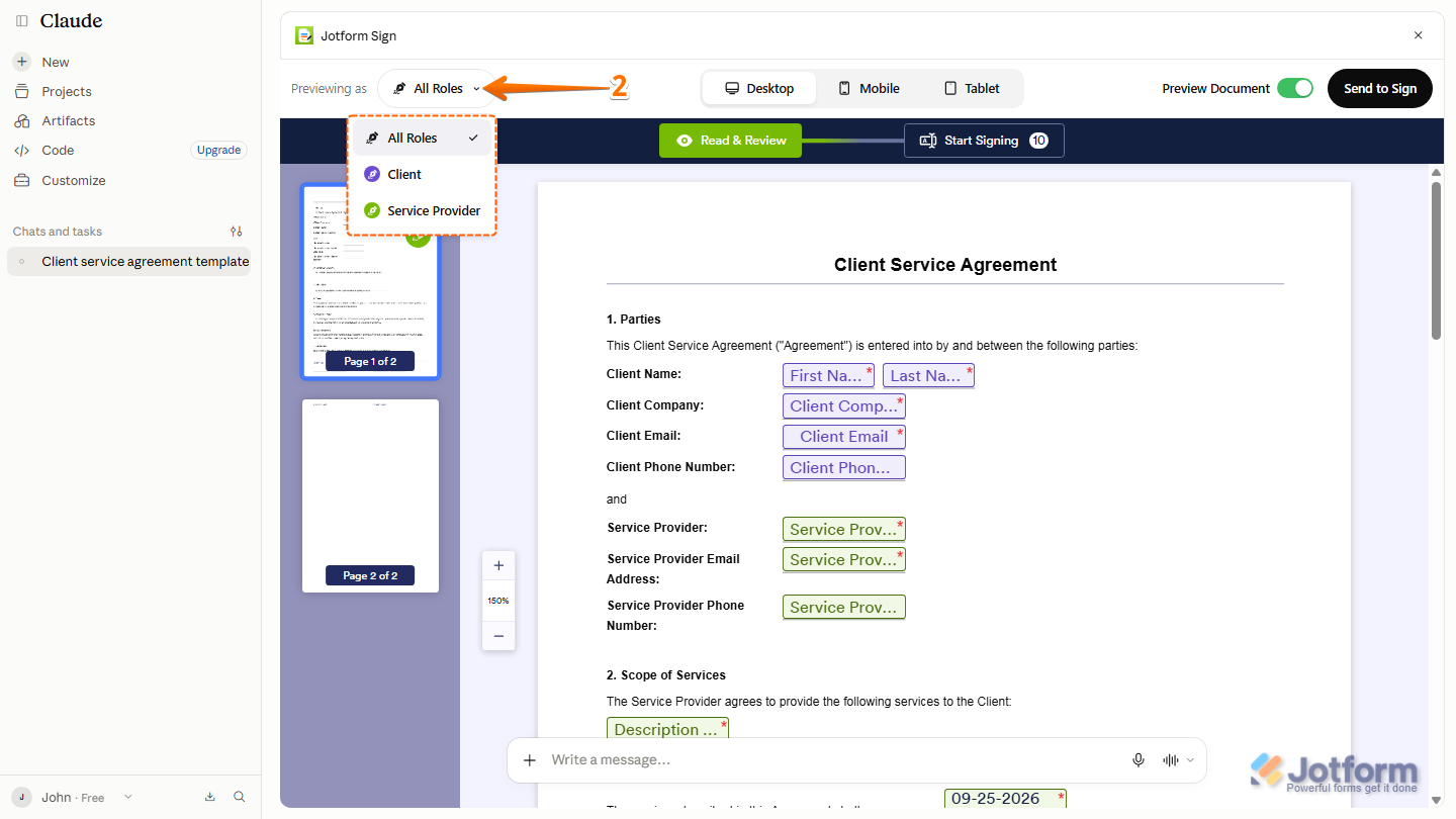 Jotform Sign Preview Page showing the Previewing As dropdown in the top-left corner, with the Downward Arrow icon used to select a signer role for previewing the document