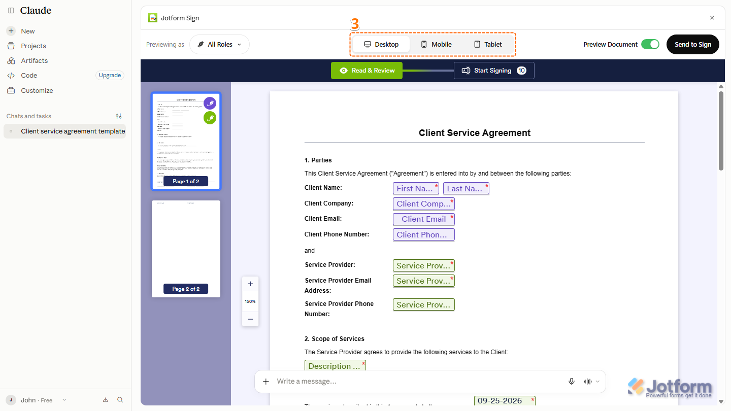 Jotform Sign Preview Page displaying the Desktop, Mobile, and Tablet options at the top to preview the document on different devices