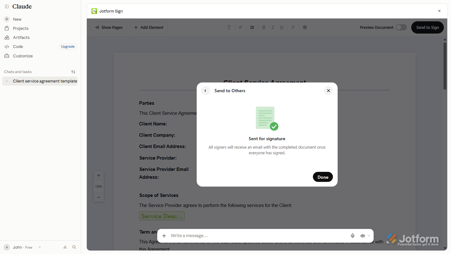 Jotform Sign interface displaying a confirmation that the document has been sent to the designated signers for completion