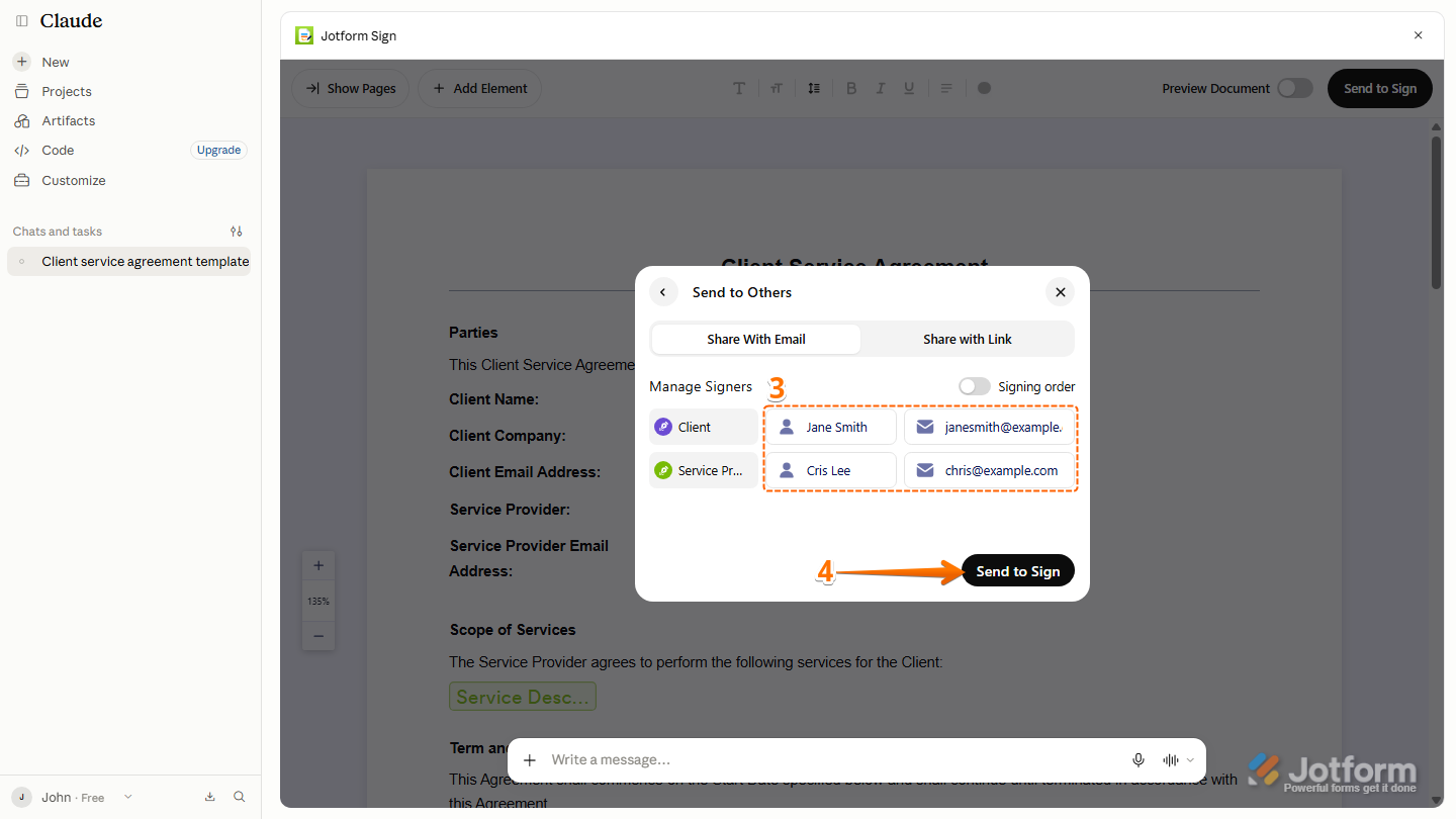 Jotform Sign Send to Others window showing the Manage Signers section with fields for entering each signer’s Full Name and Email Address, along with the Send to Sign button
