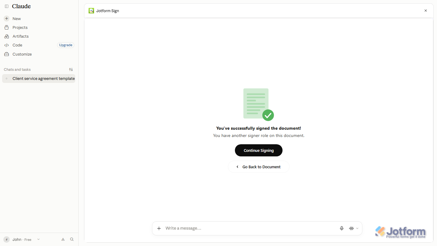 Jotform Sign showing the document as signed and completed under the user’s Jotform account